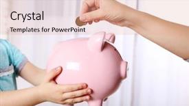  Presentation with piggy bank - Presentation theme with money drop - savings concept hand putting coin background and a coral colored foreground