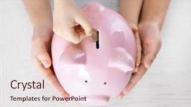  Presentation with piggy bank - Beautiful slide deck featuring money drop - savings concept hand putting coin backdrop and a lemonade colored foreground