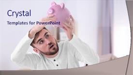  Presentation with piggy bank - Presentation design enhanced with money drop - young man sitting at table background and a sky blue colored foreground