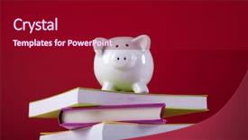  Presentation with piggy bank broken piggybank - Colorful slides enhanced with money education - piggy bank over a stack backdrop and a crimson colored foreground