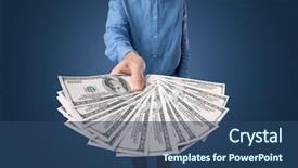  Presentation with bills - Audience pleasing theme consisting of money expenses - young businessman holding large amount backdrop and a ocean colored foreground