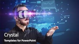  Presentation with virtual reality - PPT theme with money figure - amazed businessman with virtual reality background and a dark gray colored foreground