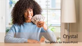 Presentation with african american teen girls - Beautiful PPT theme featuring money finance - african american woman holding dollar backdrop and a coral colored foreground
