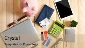  Presentation with digital finance - Cool new presentation theme with money finance - piggy bank with digital devices backdrop and a coral colored foreground