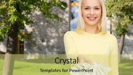  Presentation with cash - Beautiful theme featuring money finances and people concept - smiling girl with dollar cash money backdrop and a yellow colored foreground