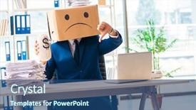  Presentation with man head in hands - Colorful presentation design enhanced with unhappiness - unhappy man with box instead backdrop and a ocean colored foreground