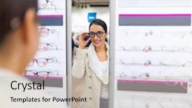  Presentation with elegant man in glasses optics - PPT layouts featuring money frame - woman choosing glasses in optician background and a soft green colored foreground