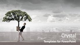  Presentation with green industries plant - Colorful presentation theme enhanced with money growing - businesswoman carrying green tree planted backdrop and a  colored foreground