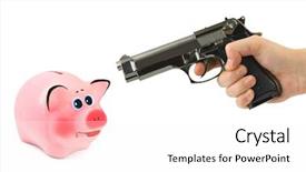  Presentation with banking bank vault door - PPT theme with money guns - piggy bank and hand background and a white colored foreground