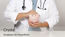  Presentation with piggy bank - Presentation theme featuring money healthcare - female doctor with stethoscope holding background and a light gray colored foreground