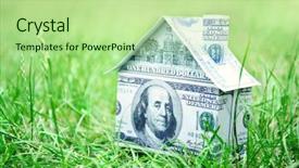  Presentation with green house - Presentation theme featuring money house on green grass background and a mint green colored foreground