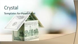  Presentation with house - Slide deck featuring money house on wooden table background and a sky blue colored foreground
