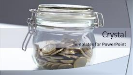  Presentation with glass - Amazing PPT layouts having money in glass jar backdrop and a light blue colored foreground