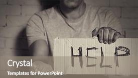  Presentation with brick wall - Beautiful PPT theme featuring money inequality - homeless poor man holding carton backdrop and a gray colored foreground