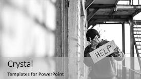  Presentation with homeless - Colorful PPT layouts enhanced with money inequality - homeless poor man holding piece backdrop and a light gray colored foreground