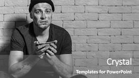  Presentation with brick wall - Slide set with money inequality - hungry poor man holding bowl background and a gray colored foreground