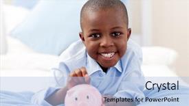 Presentation with smiling kids at summer camp - Beautiful PPT layouts featuring money into his piggy bank backdrop and a light blue colored foreground