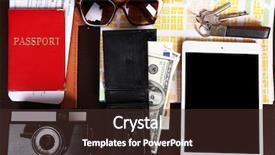  Presentation with suitcase - Audience pleasing PPT layouts consisting of money key world - packed suitcase of vacation items backdrop and a tawny brown colored foreground