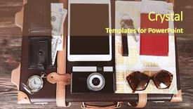  Presentation with suitcase - Beautiful PPT layouts featuring money key world - packed suitcase of vacation items backdrop and a tawny brown colored foreground