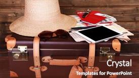  Presentation with rustic wood wooden frame - Presentation theme featuring money key world - packed suitcase of vacation items background and a tawny brown colored foreground