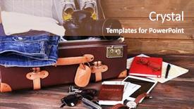  Presentation with suitcase - Presentation theme featuring money key world - packed suitcase of vacation items background and a coral colored foreground