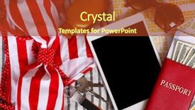  Presentation with suitcase - Theme with money key world - packed suitcase of vacation items background and a tawny brown colored foreground