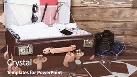  Presentation with suitcase - Slide deck enhanced with money key world - packed suitcase of vacation items background and a tawny brown colored foreground