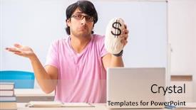  Presentation with med student in class - Presentation theme having money lessons - young male student sitting background and a  colored foreground