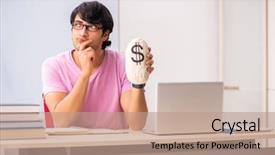  Presentation with class - Beautiful slides featuring money lessons - young male student sitting backdrop and a  colored foreground