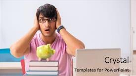  Presentation with class - PPT layouts featuring money lessons - young male student sitting background and a  colored foreground