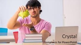  Presentation with class - PPT layouts having money lessons - young male student sitting background and a  colored foreground