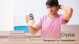  Presentation with class - Audience pleasing slide deck consisting of money lessons - young male student sitting backdrop and a  colored foreground