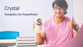  Presentation with class - Cool new theme with money lessons - young male student sitting backdrop and a sky blue colored foreground