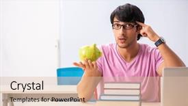  Presentation with med student in class - Beautiful presentation theme featuring money lessons - young male student sitting backdrop and a  colored foreground