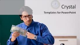  Presentation with parent teacher conference pencil crayons - Slide set having money lessons - young male teacher in front background and a light gray colored foreground