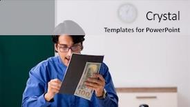  Presentation with teacher diversity - PPT layouts enhanced with money lessons - young male teacher in front background and a  colored foreground