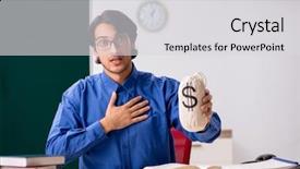  Presentation with teacher negotiations - Audience pleasing slides consisting of money lessons - young male teacher in front backdrop and a  colored foreground