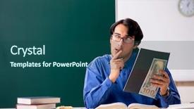  Presentation with chalkboard - Slides enhanced with money lessons - young male teacher in front background and a  colored foreground