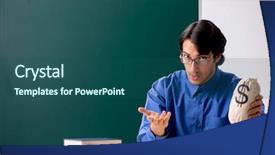  Presentation with light bulbs on chalkboard - PPT theme consisting of money lessons - young male teacher in front background and a ocean colored foreground