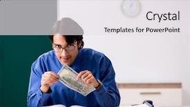  Presentation with chalkboard - Colorful PPT theme enhanced with money lessons - young male teacher in front backdrop and a white colored foreground