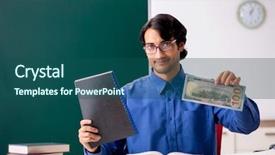  Presentation with teacher attendance - Cool new slide deck with money lessons - young male teacher in front backdrop and a ocean colored foreground