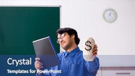  Presentation with light bulbs on chalkboard - Slide deck having money lessons - young male teacher in front background and a  colored foreground