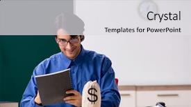  Presentation with chalkboard - Audience pleasing slides consisting of money lessons - young male teacher in front backdrop and a  colored foreground