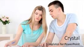  Presentation with finance to agriculture - Colorful presentation theme enhanced with money management - young couple calculating finance backdrop and a lemonade colored foreground