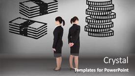  Presentation with money notes - Presentation theme featuring money notes or coins with businesswoman looking in opposite directions background and a gray colored foreground