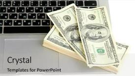  Presentation with young man holdng laptop on lap money - Beautiful slide deck featuring money on laptop isolated backdrop and a mint green colored foreground