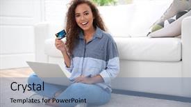  Presentation with online shopping - PPT layouts consisting of money order - beautiful young woman using credit background and a seafoam green colored foreground