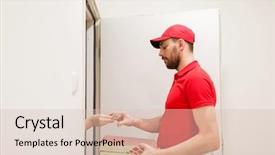  Presentation with food order - Colorful presentation design enhanced with money order - food delivery mail and people backdrop and a lemonade colored foreground