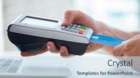  Presentation with card transaction - Colorful presentation theme enhanced with money order - man processing credit card transaction backdrop and a sky blue colored foreground