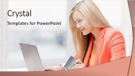  Presentation with credit card - Presentation theme consisting of portrait of confident creative businessman sitting at desk in office background and a dark gray colored foreground